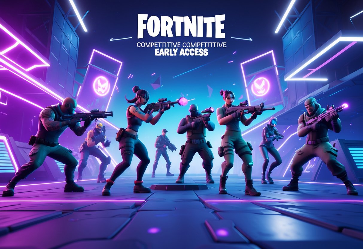 A 3D scene showing Fortnite characters in a futuristic battle arena, engaged in fast-paced combat with advanced weapons and tactical gear.