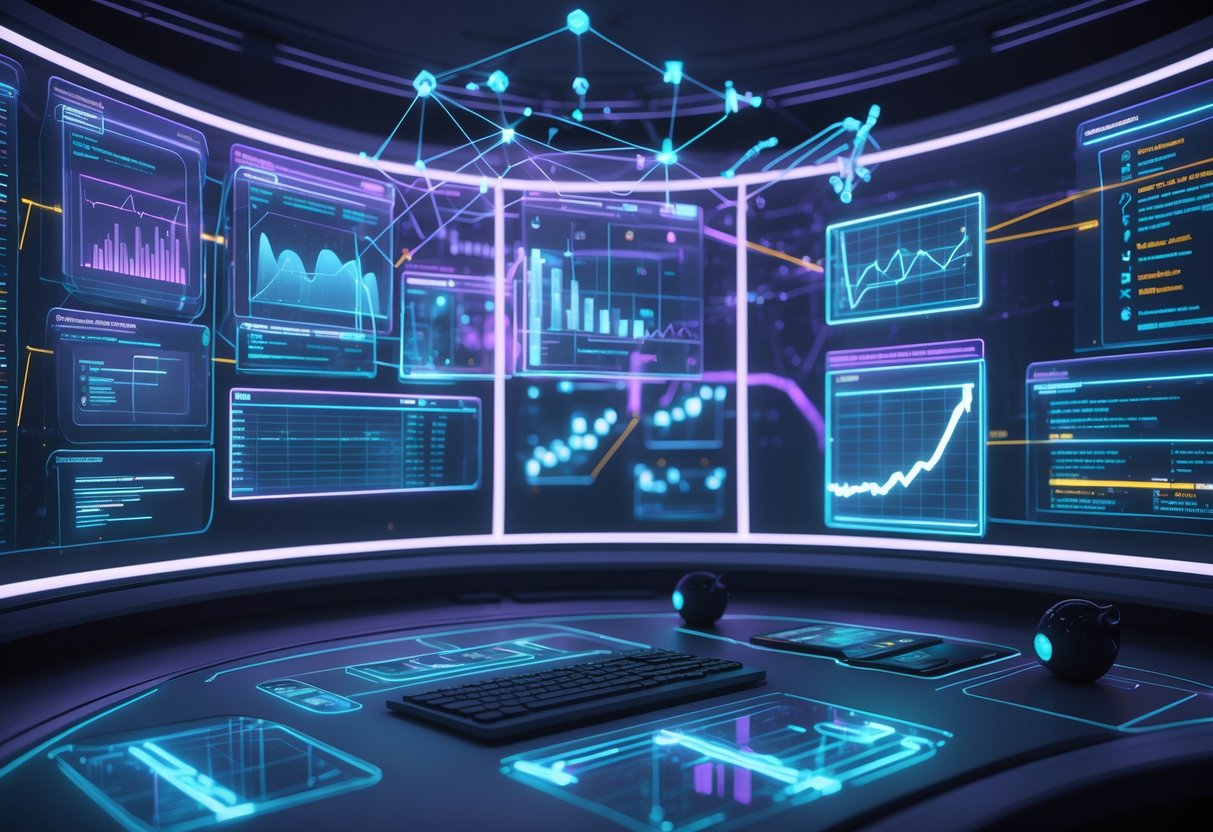 A futuristic control room with floating holographic charts and graphs analysing player behaviour and system rules in a ranked game mode.