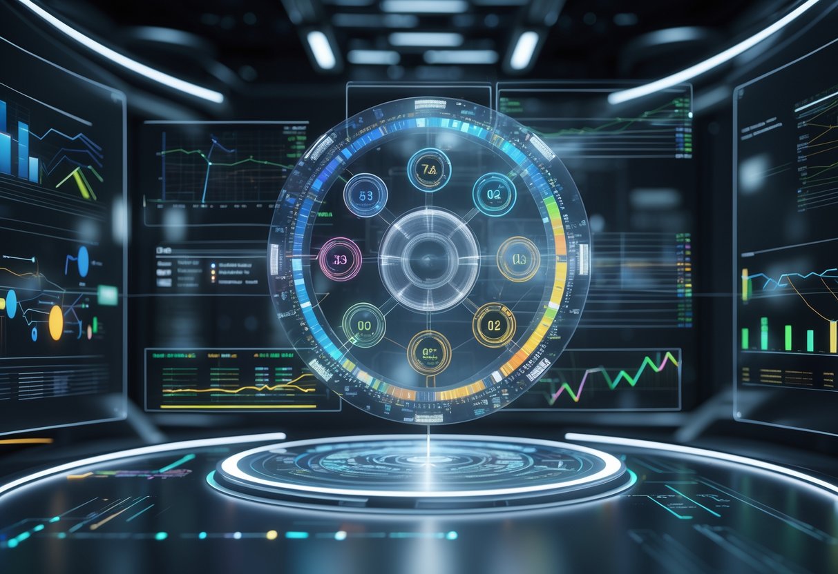 A 3D scene showing a futuristic digital interface with charts, graphs, and a glowing circular ranking wheel surrounded by flowing data streams in a high-tech control room.