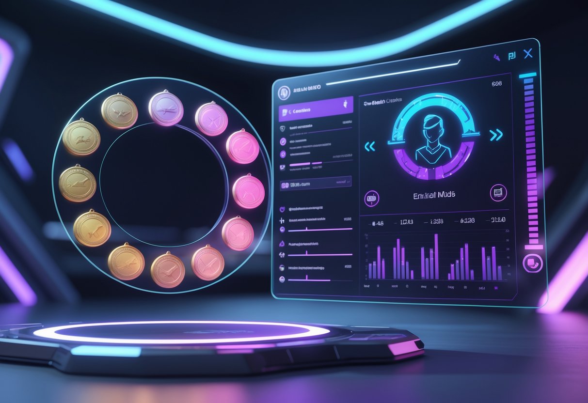 A 3D scene showing a holographic gaming interface with glowing medals arranged in a semi-circle, a player profile panel with an avatar and progress bars, and floating data charts indicating ranked mode analysis.