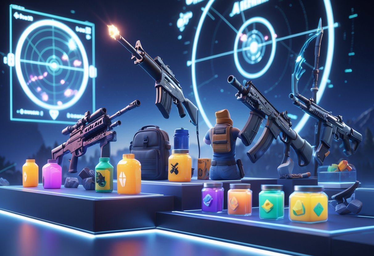 A 3D scene showing various Fortnite weapons and consumable items arranged on platforms with a digital battlefield background and holographic tactical displays.