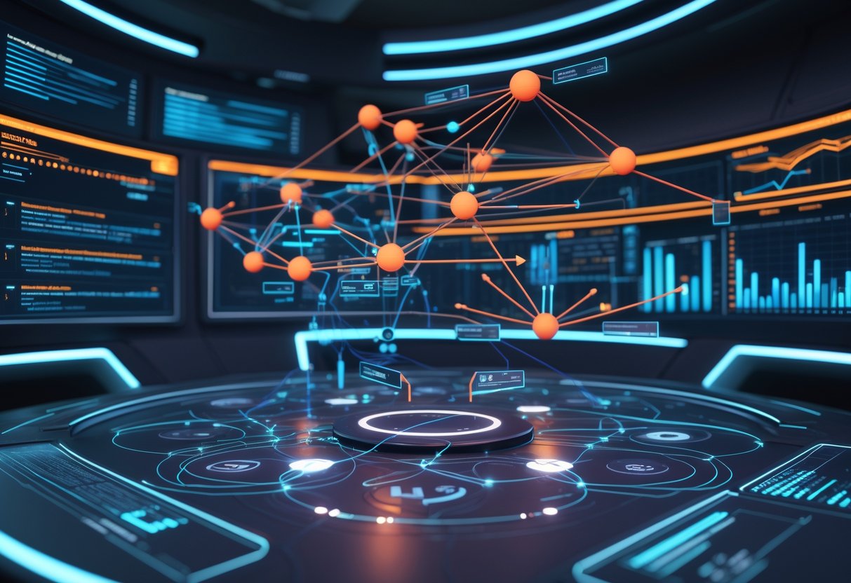 A 3D scene showing a futuristic digital network with highlighted deadlock points and surrounding holographic charts in a dark control room.