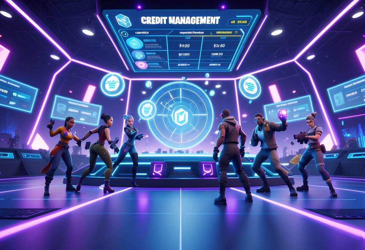 A futuristic gaming arena with players competing and holographic displays showing credit management data.