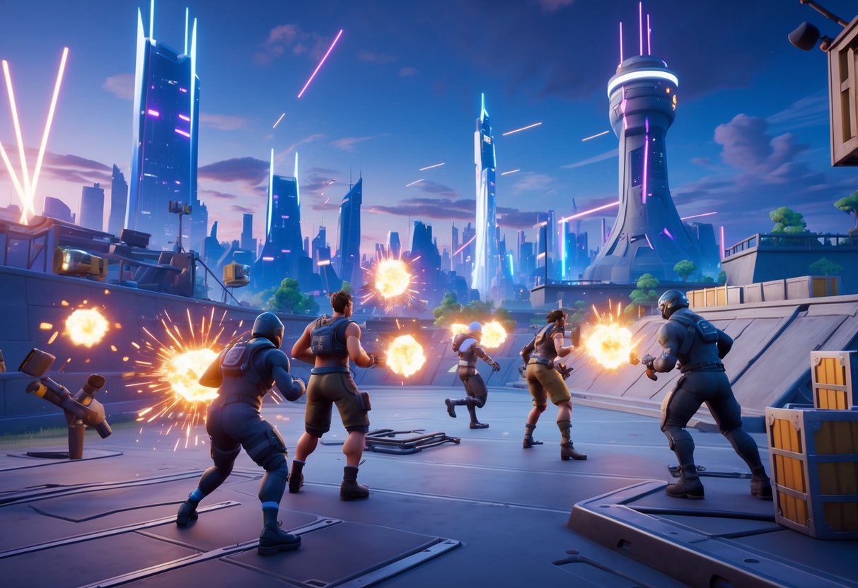 A vibrant urban battlefield with Fortnite characters building structures and fighting among skyscrapers at twilight.