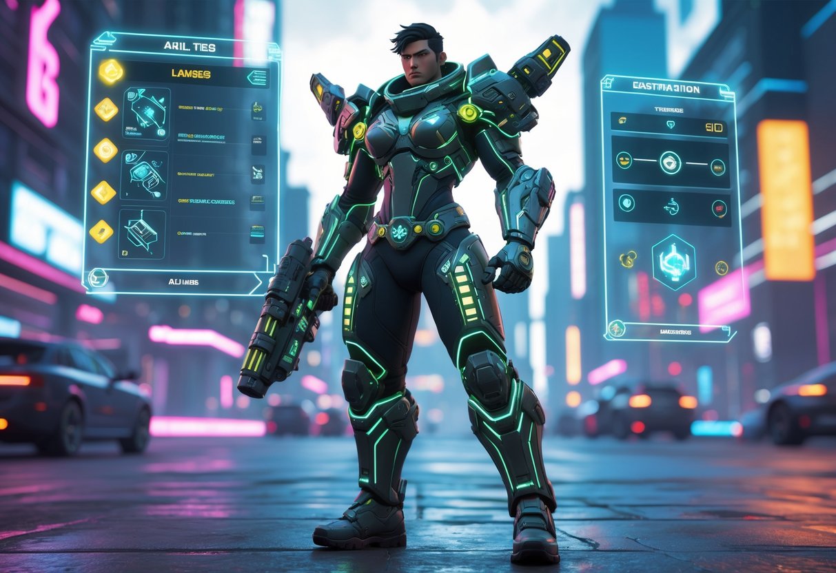 A futuristic cybernetic hero stands in a neon-lit cityscape with holographic displays showing their abilities and customisation options.