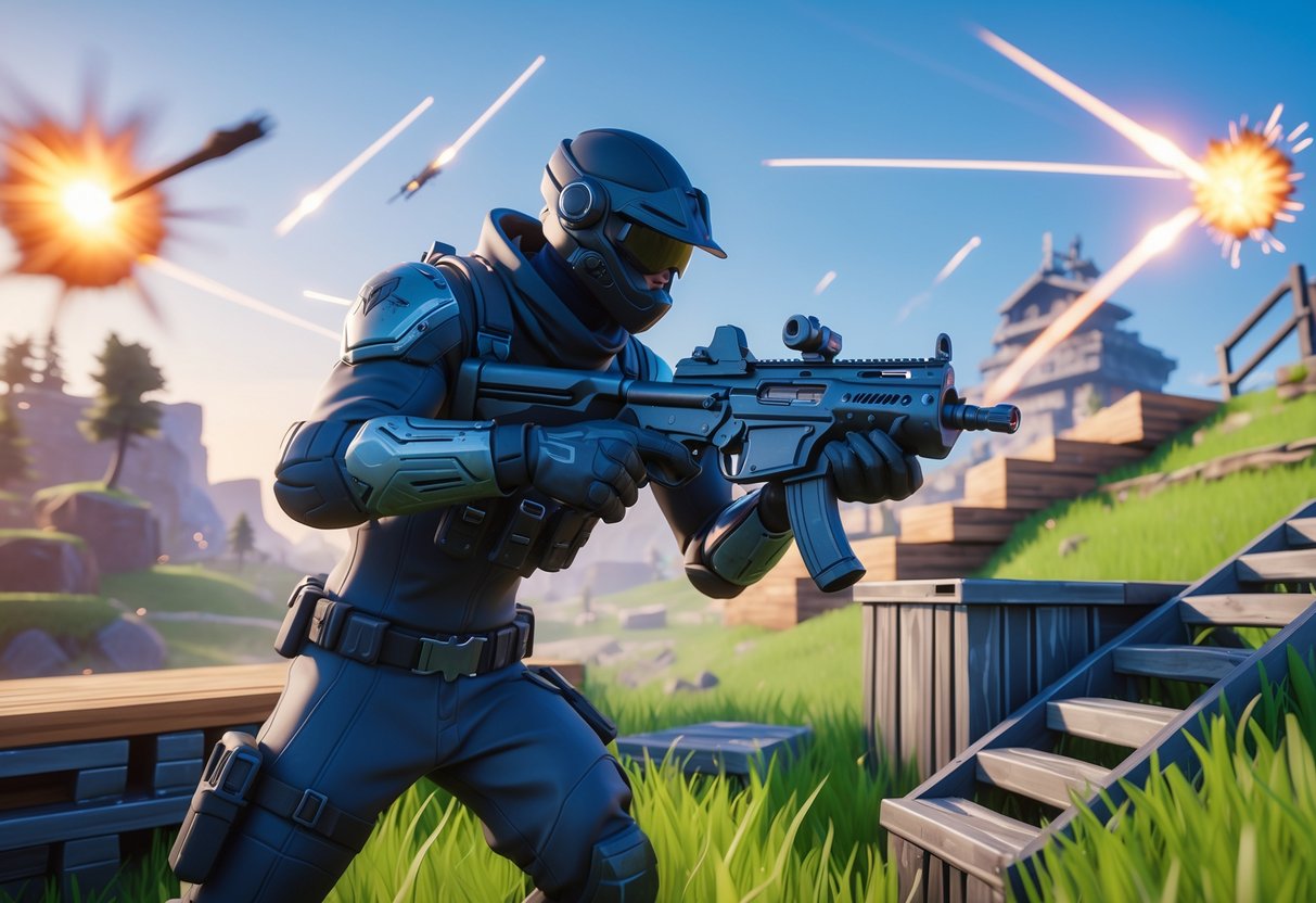 A soldier in tactical armour firing a weapon amid a Fortnite-style landscape with ramps and structures, showing an intense combat scene.