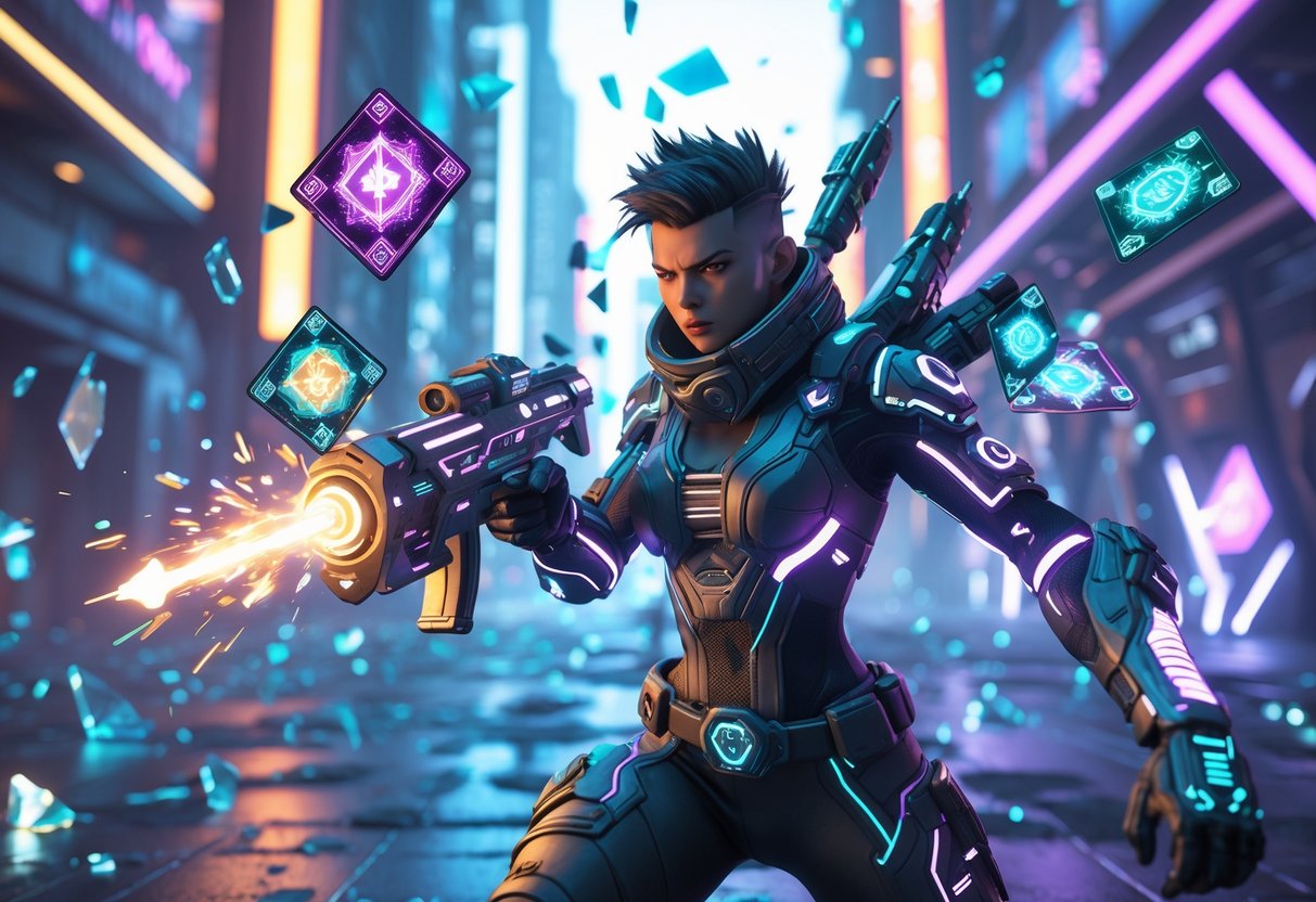 A cybernetic punk hero in futuristic armour stands in a neon-lit urban environment with floating glowing shards and holographic cards around them.