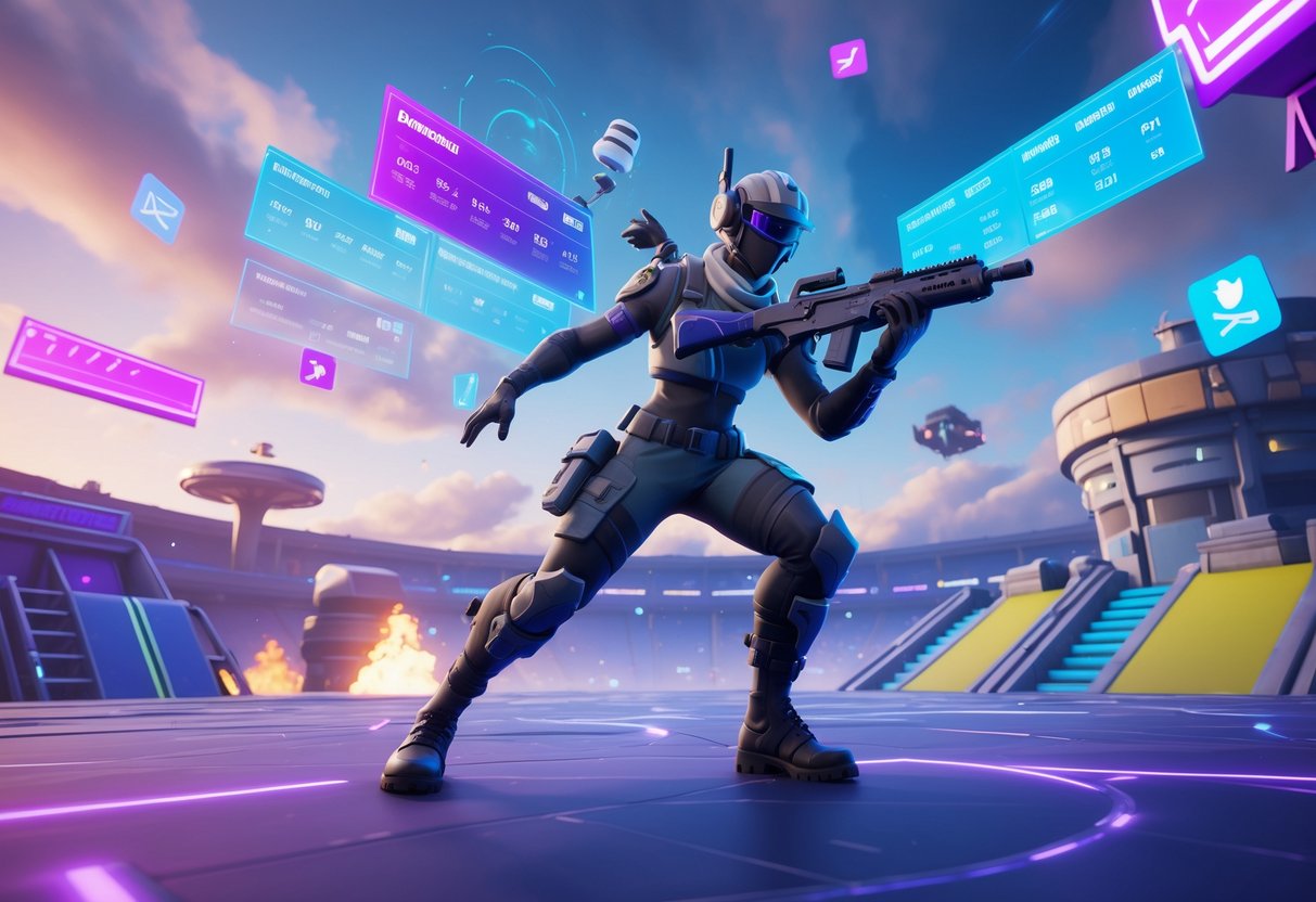 A Fortnite character in battle armor stands ready in a futuristic arena with floating leaderboards and competitive ranking icons around them.