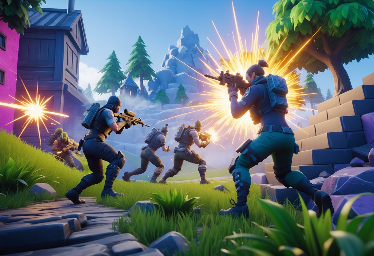 A group of Fortnite players attacking together in a vibrant battle scene with buildings, ramps, and natural cover.