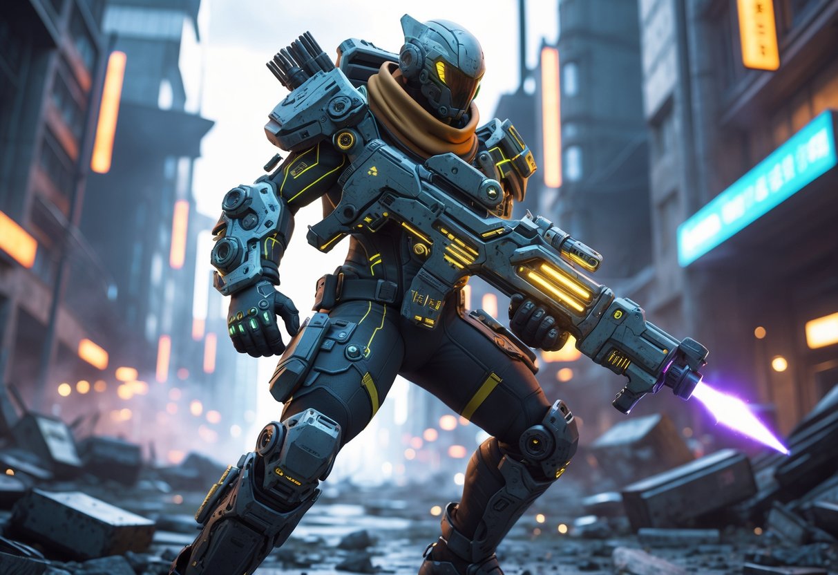 A 3D scene showing a futuristic soldier in advanced armour standing in a city with tall buildings and bright neon lights, ready for action.