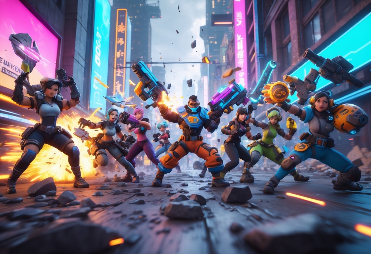 A group of futuristic heroes in colourful armour battle energetically in a neon-lit city street filled with explosions and glowing effects.