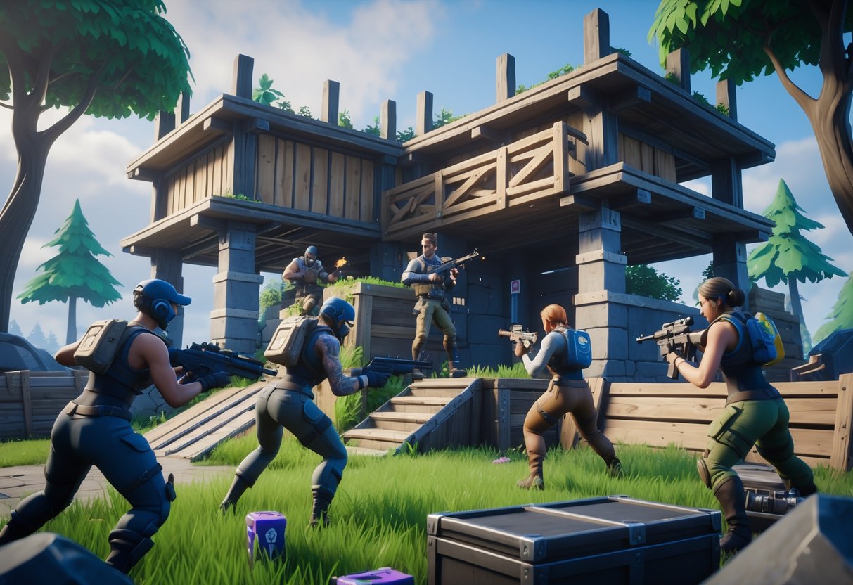 A Fortnite battle scene showing players defending a fortified position with ramps and walls in a forested area, ready for combat.