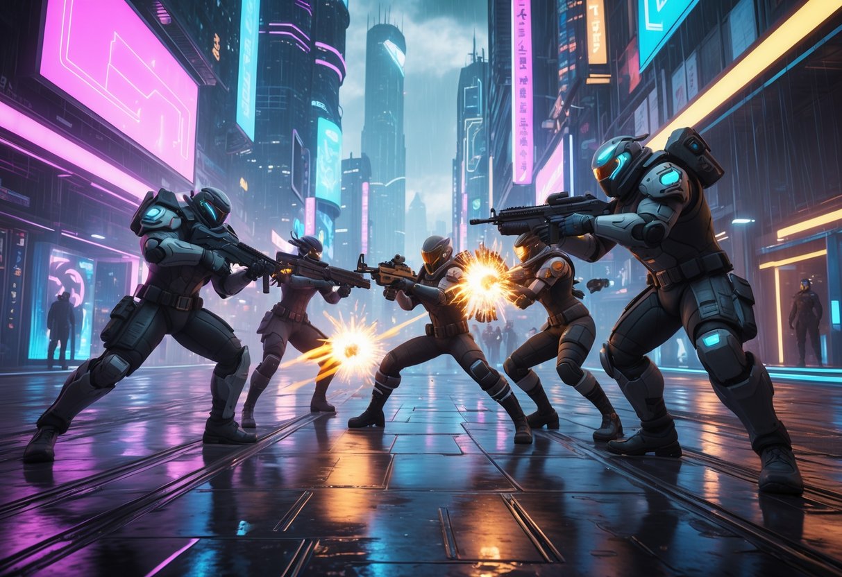 A group of futuristic heroes in combat gear fighting in a neon-lit cyberpunk city with tall buildings and glowing lights.