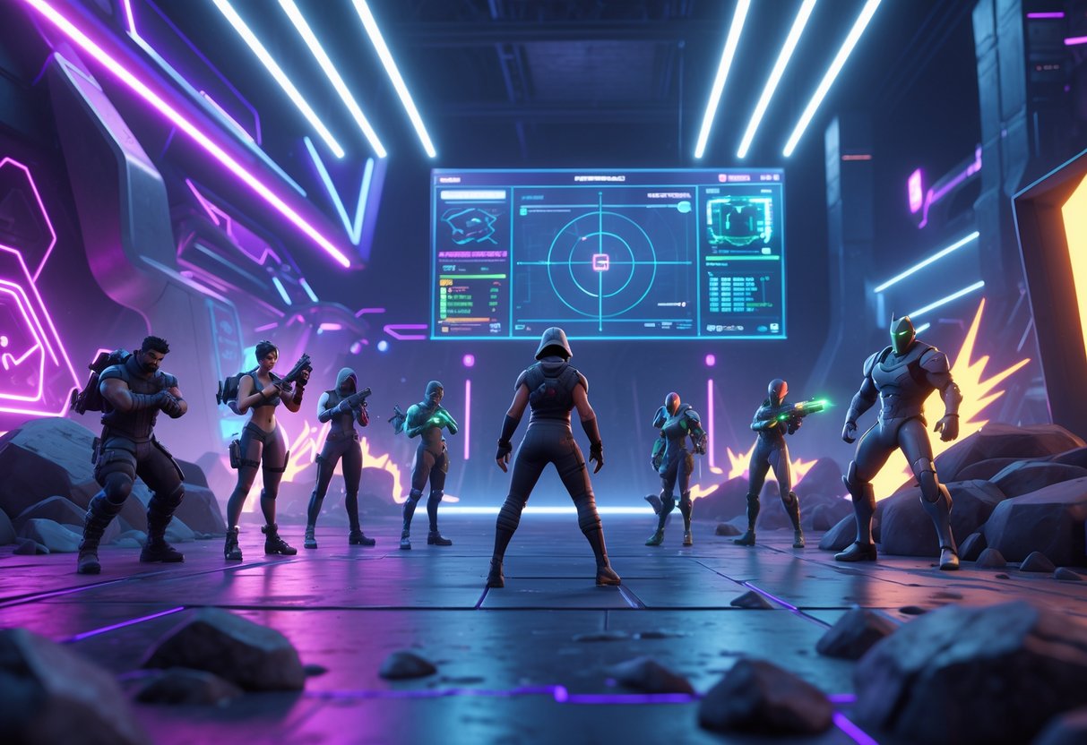 A futuristic gaming arena with armed characters preparing for battle amid glowing projectiles and tactical equipment on rocky terrain.