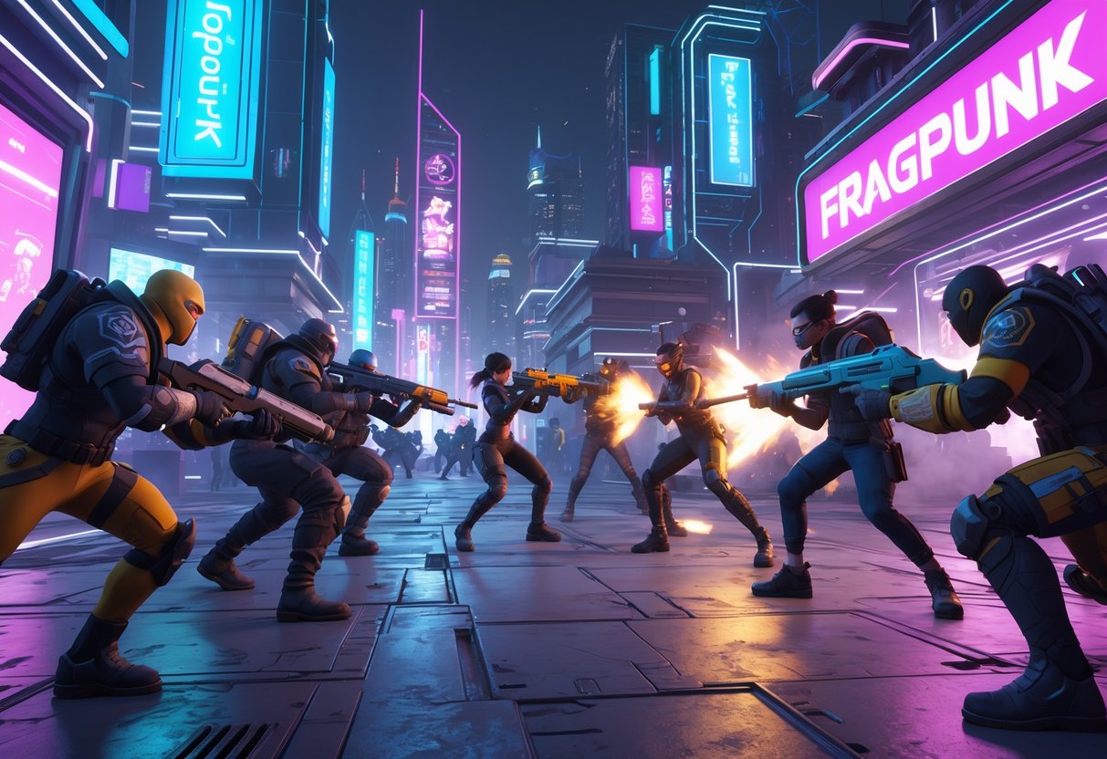 A group of futuristic heroes in a neon-lit city engaged in a fast-paced team battle.