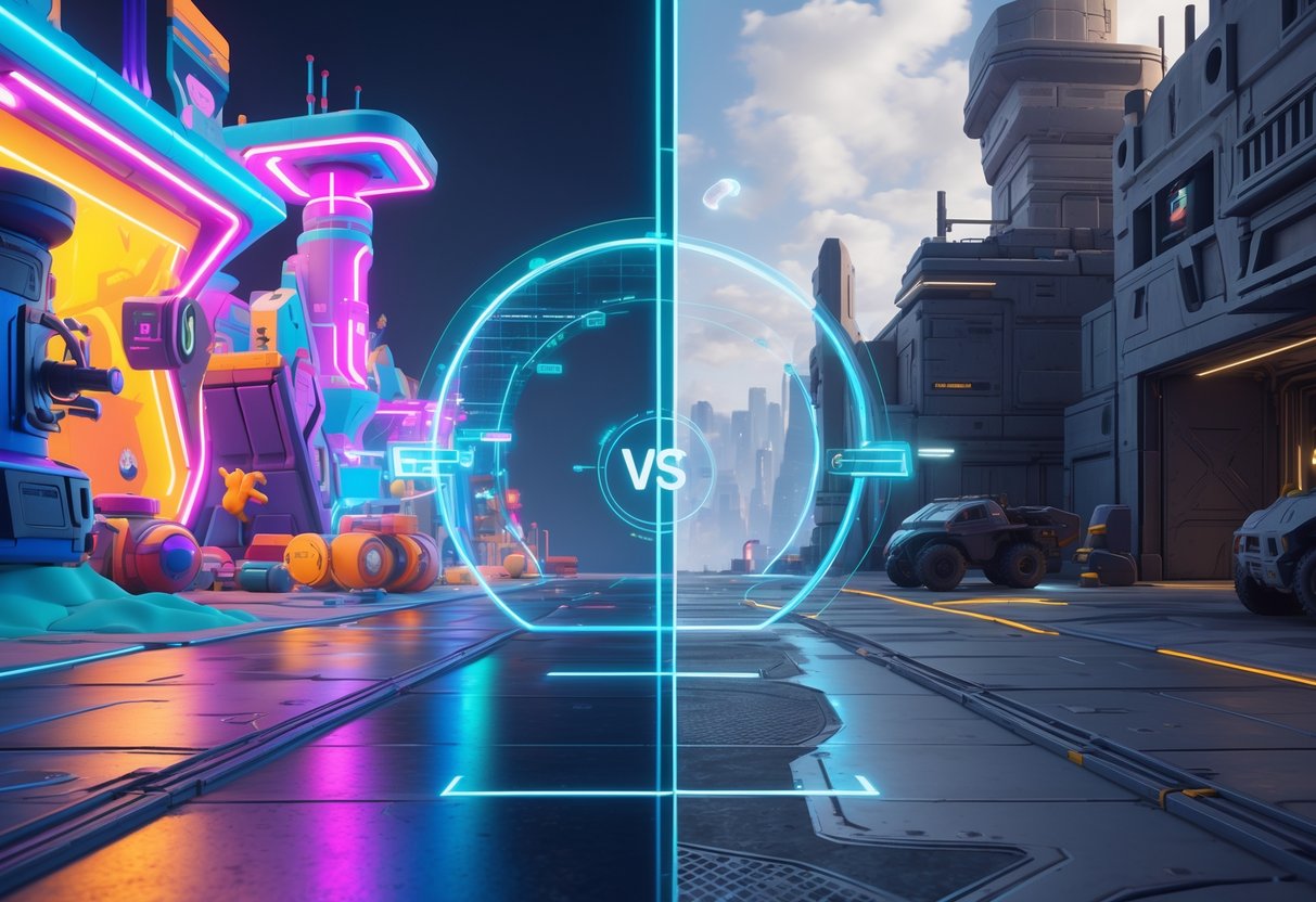A split-screen scene showing two different battle arenas side by side, one colourful and stylized, the other realistic and gritty, separated by a glowing holographic divider.
