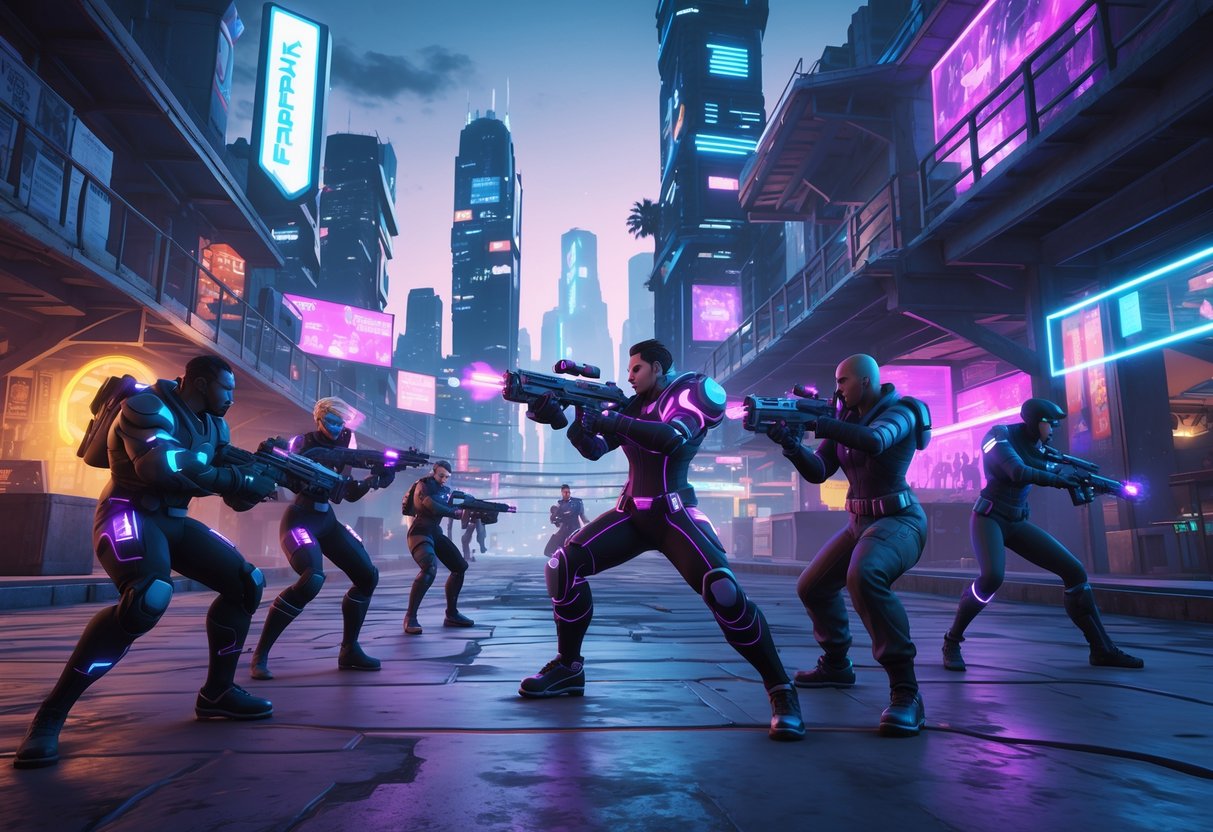 A group of futuristic heroes in a neon-lit city preparing for battle with high-tech weapons and armour.