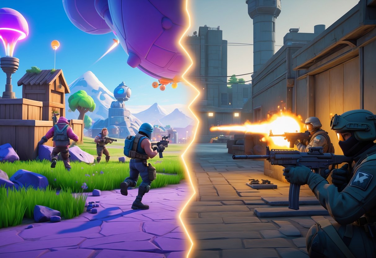 A split-screen scene showing two different video game environments side by side: a colourful, action-packed cartoon battlefield on one side and a realistic, tactical urban combat setting on the other.
