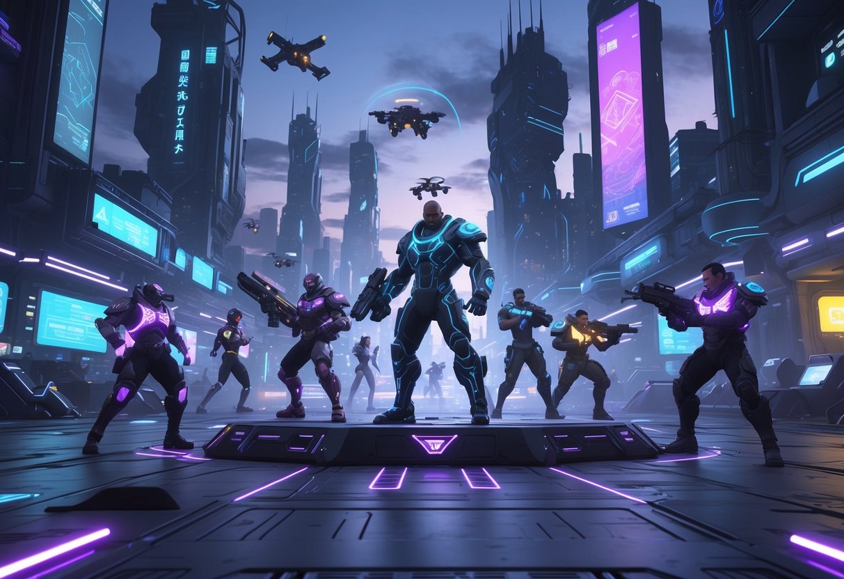 A group of futuristic heroes in high-tech armour pose in a city with tall buildings and flying vehicles under a twilight sky.