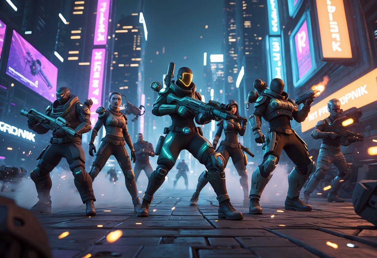 A group of futuristic heroes in high-tech armour stand ready for battle in a neon-lit city at night.