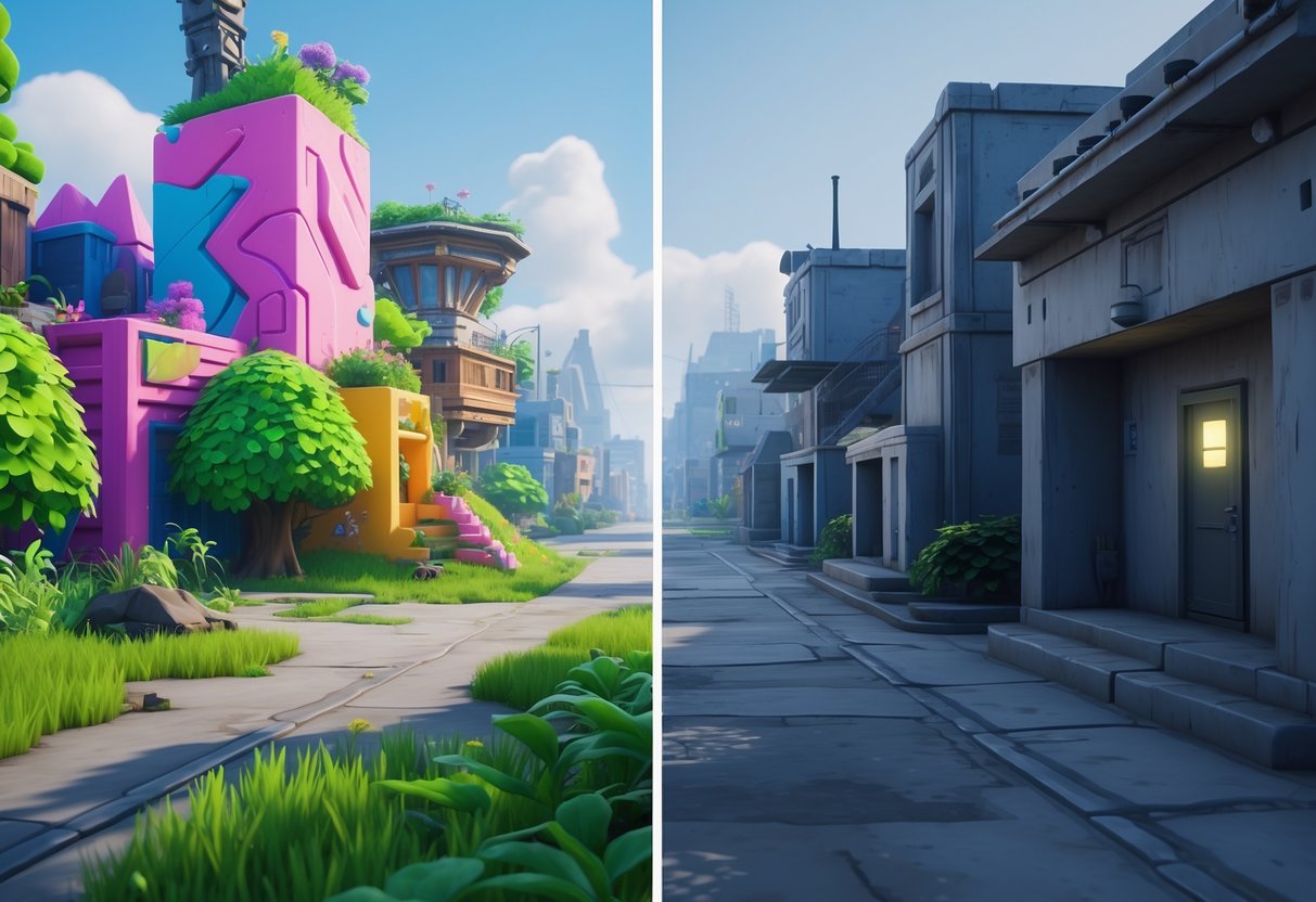 A split-screen 3D scene comparing a colourful, stylized outdoor environment with a realistic urban map featuring buildings and narrow streets.