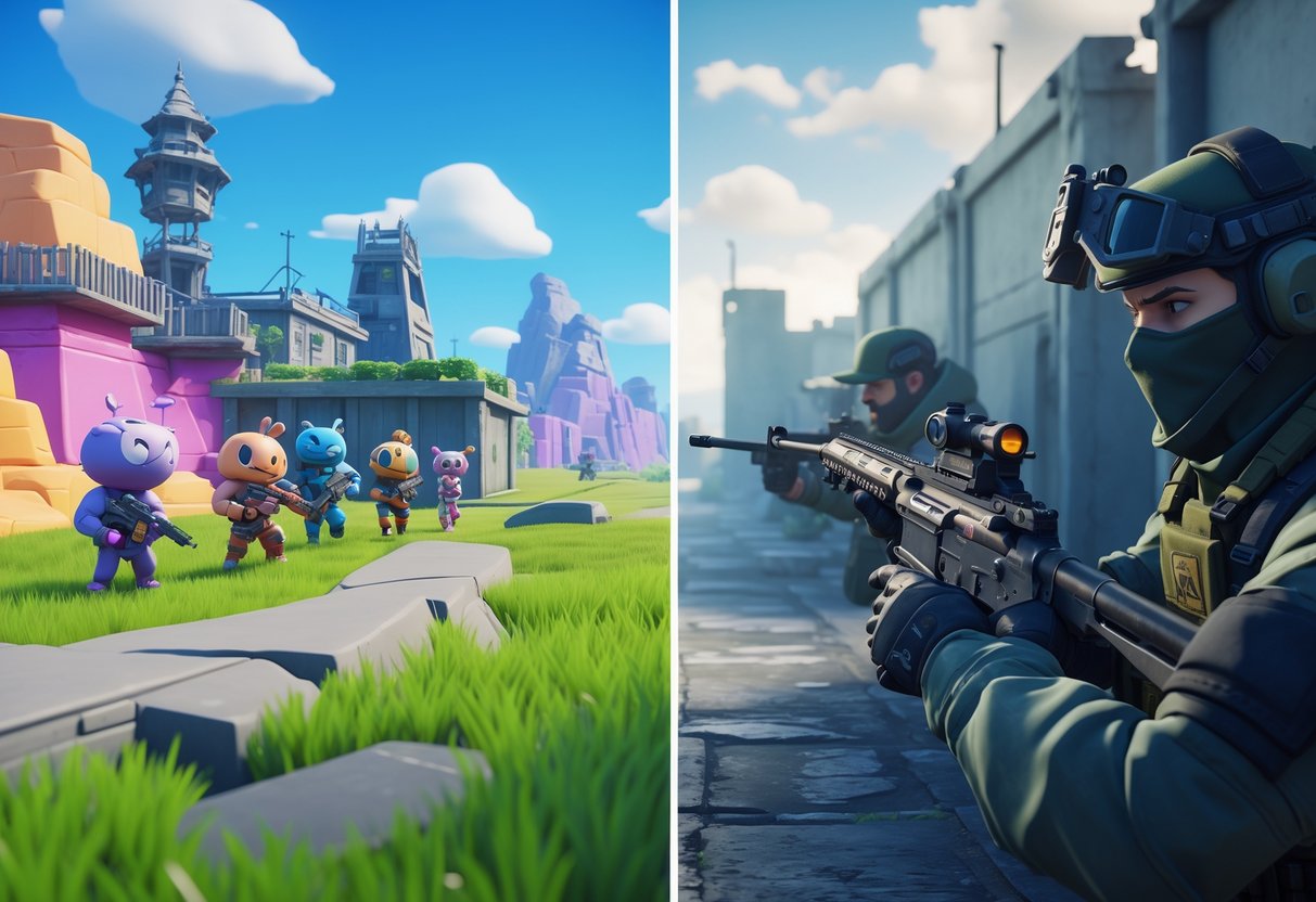 Split-screen scene showing two video game environments side by side: a colourful, cartoonish battlefield with building elements on the left, and a realistic urban combat zone with soldiers on the right.