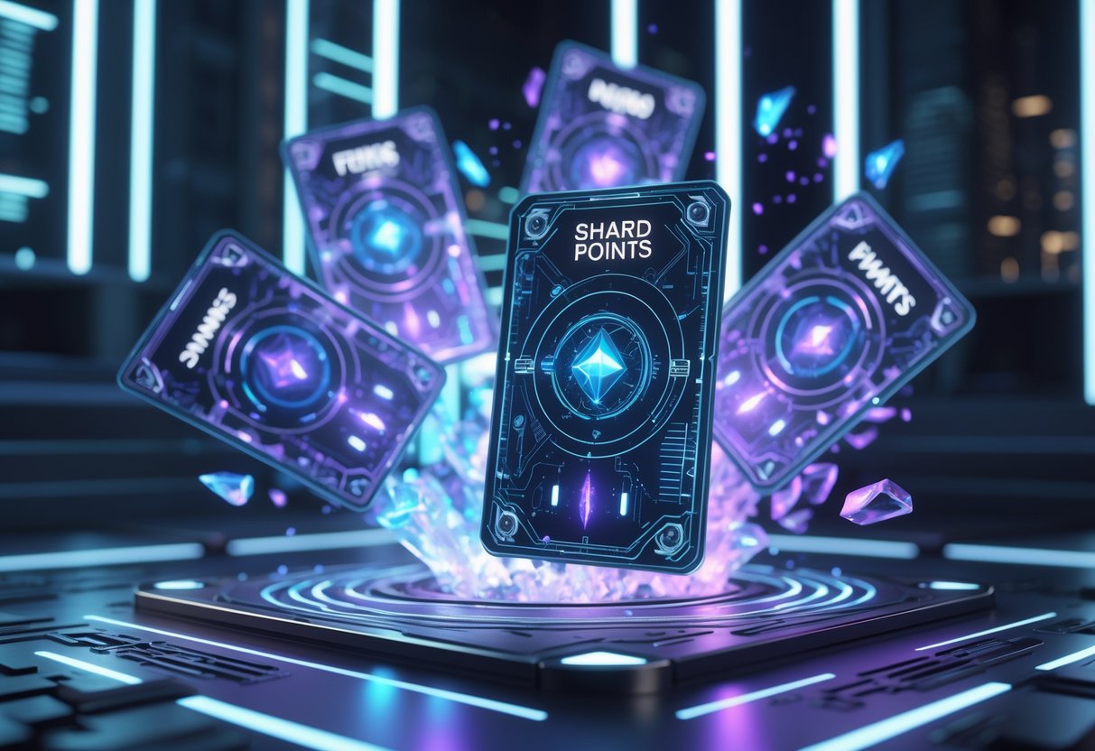 A futuristic scene showing floating glowing cards with shard-like particles around them against a dark city background with neon lights.