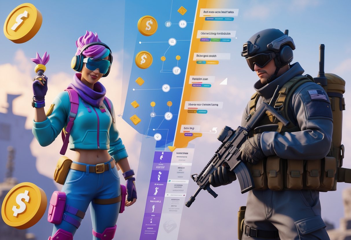 A 3D scene showing two different shooter game environments side by side, one colourful and stylised with characters and floating currency, the other realistic with soldiers and tactical gear, highlighting their in-game economy and progression systems.