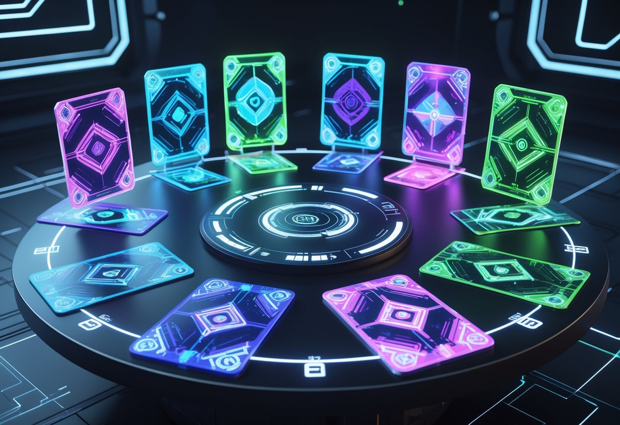 A futuristic display showing various glowing shard-shaped and powerup cards floating above a high-tech table in a dark environment.