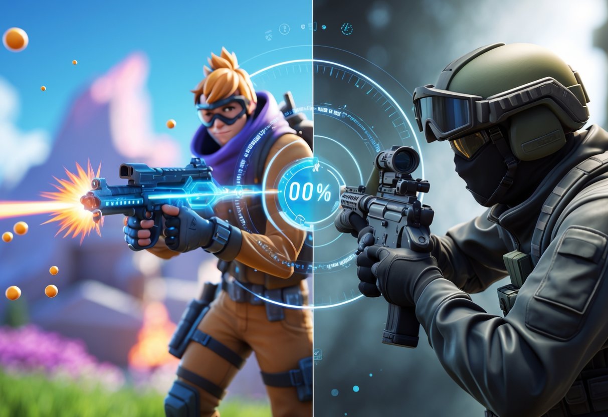 Side-by-side 3D scene comparing a colourful Fortnite character firing ballistic projectiles with a realistic Counter-Strike 2 soldier aiming a modern gun, showing differences in environment and gameplay action.