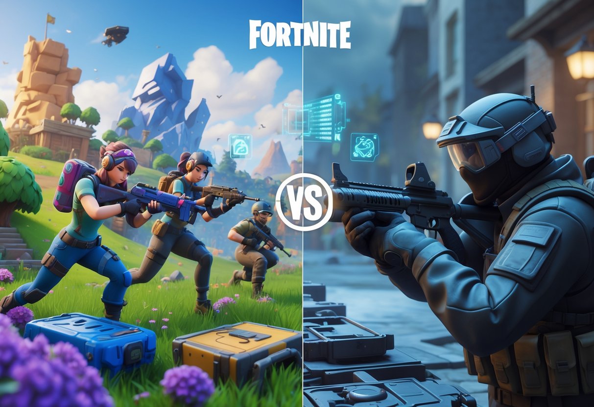 A split scene showing a colorful Fortnite battle with cartoon-style characters and a realistic Counter-Strike 2 urban combat scene with soldiers, highlighting differences in game environments and weapons.