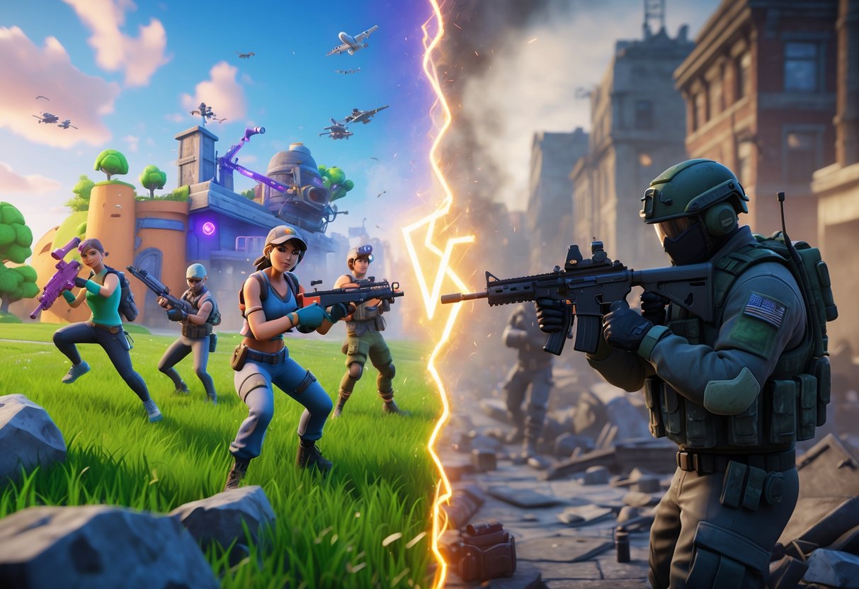 A split scene showing colourful Fortnite characters and environment on one side and realistic soldiers in an urban setting on the other, highlighting the contrast between the two games.