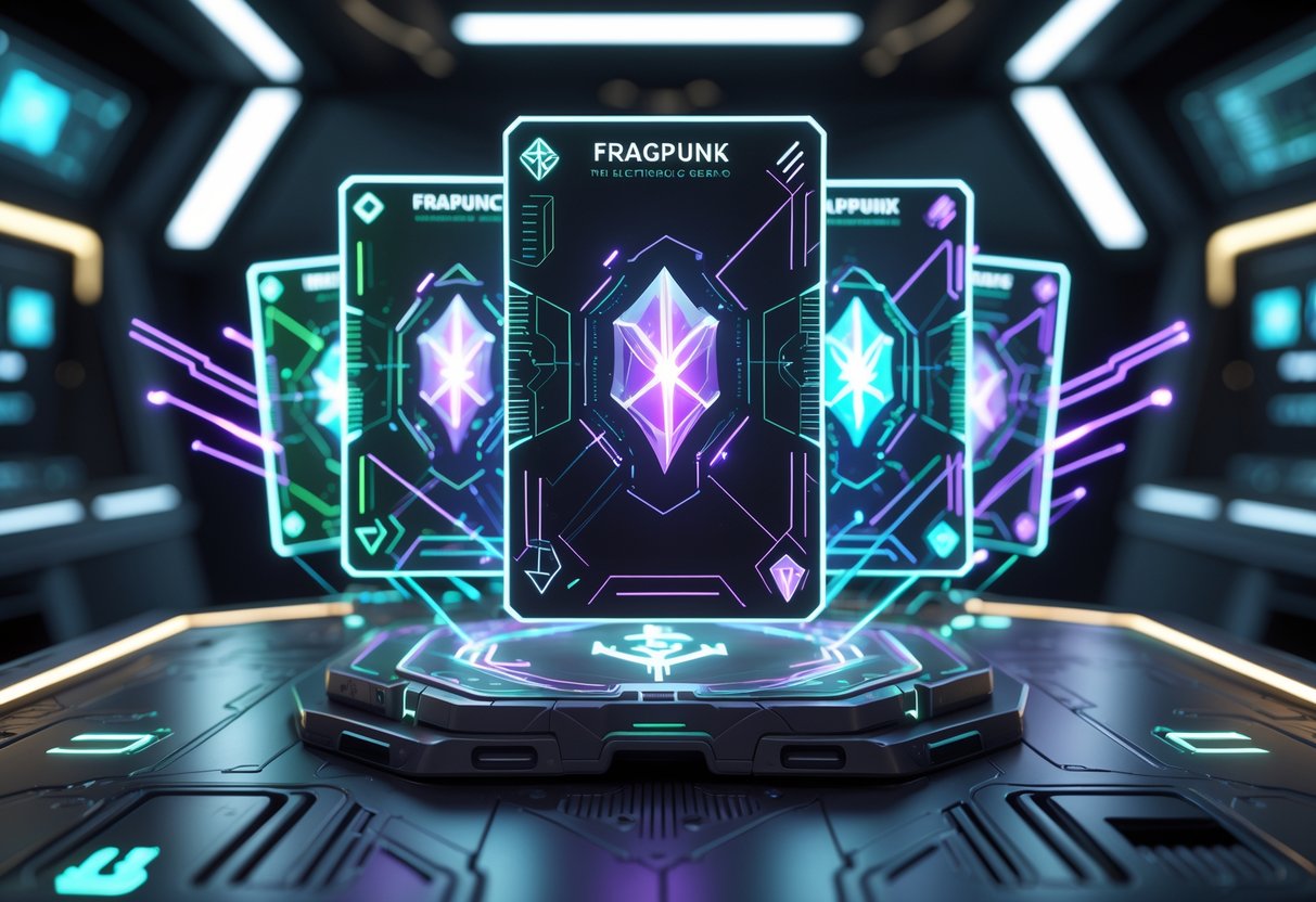 A futuristic holographic card deck with glowing shard elements floating above a high-tech table in a dimly lit command centre.