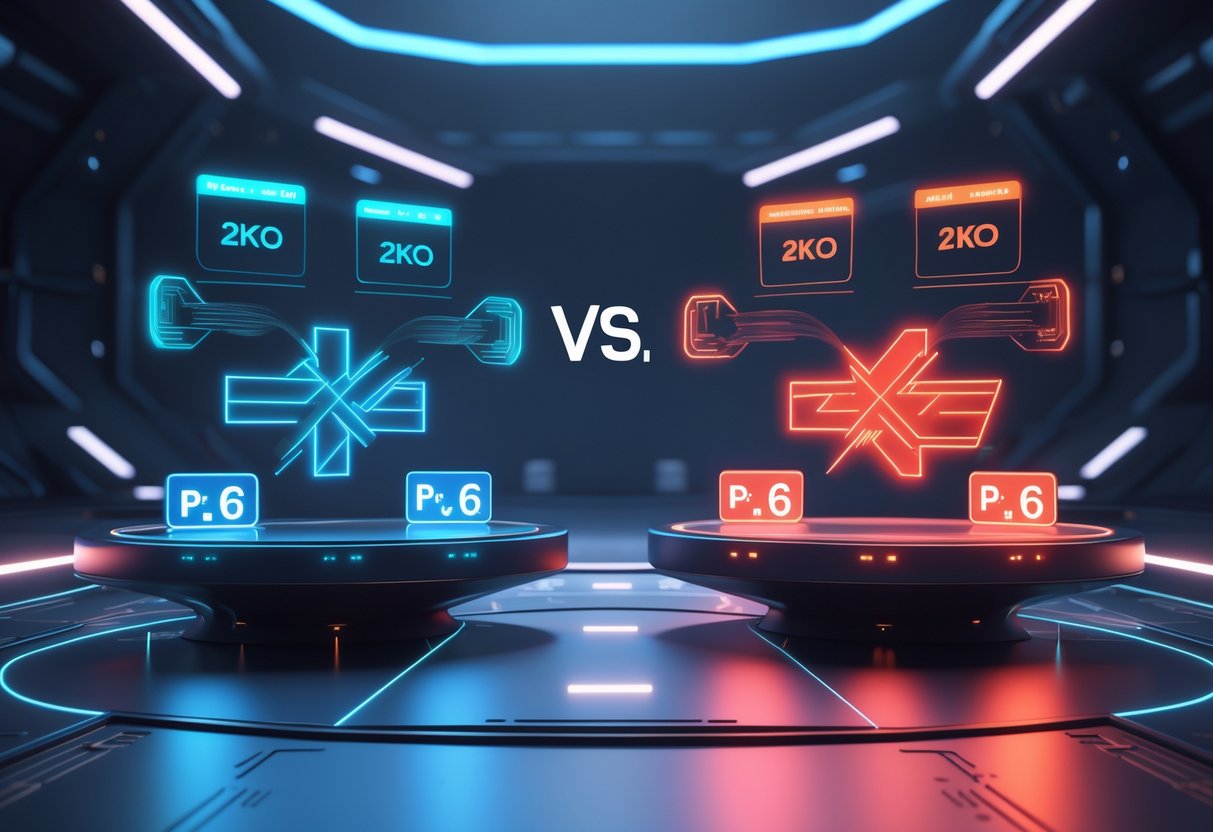 Two glowing holographic platforms side by side showing icons representing gaming consoles and pricing tiers in a futuristic digital arena.