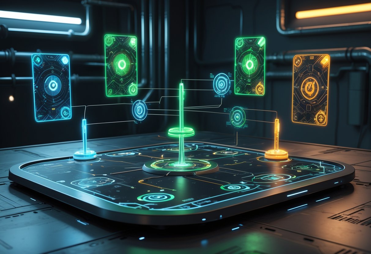 A futuristic control room with a holographic interface showing glowing resource nodes and floating digital cards representing powerups and economic assets.