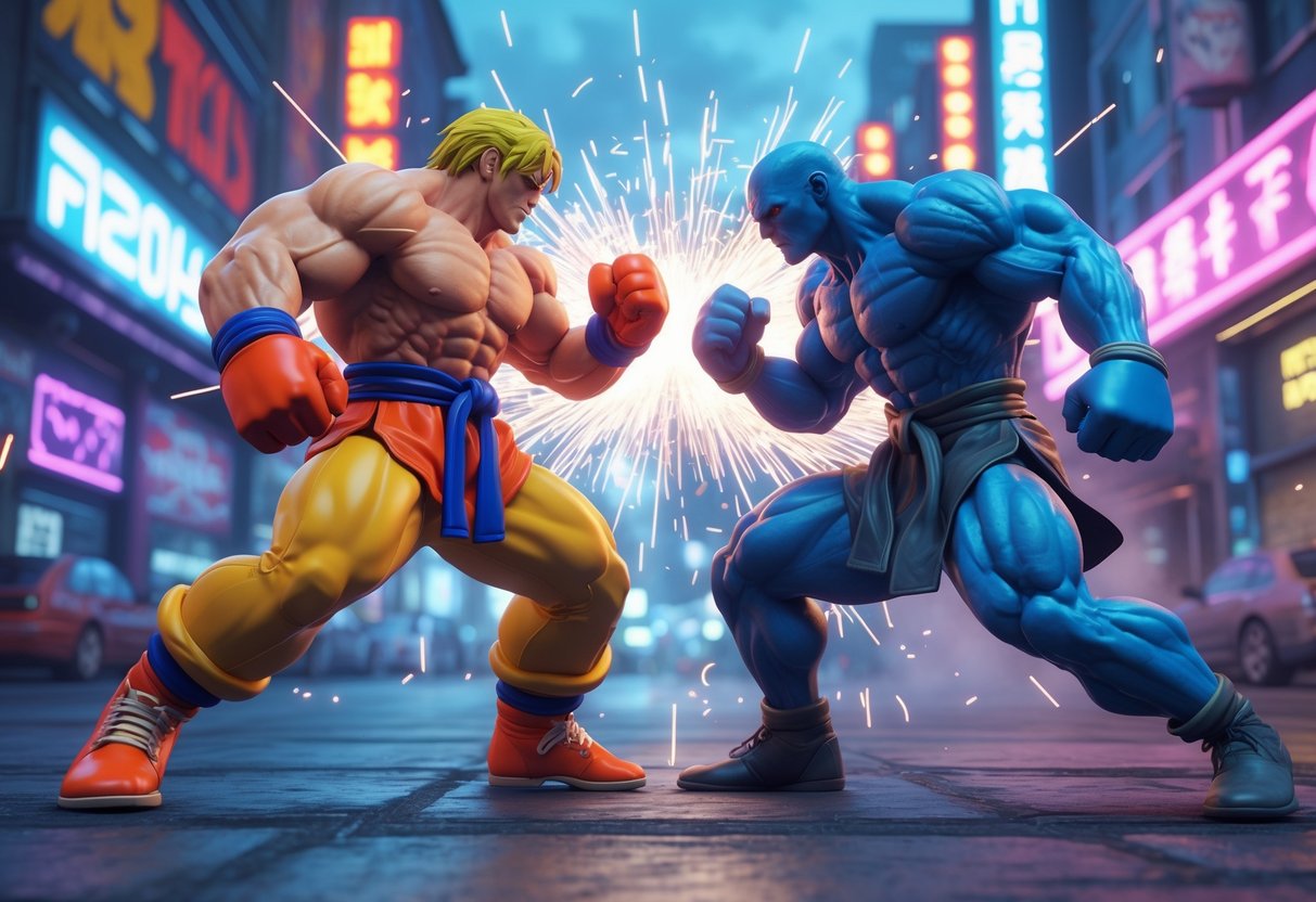 Two fighters face each other in a colourful urban street setting, ready to battle.