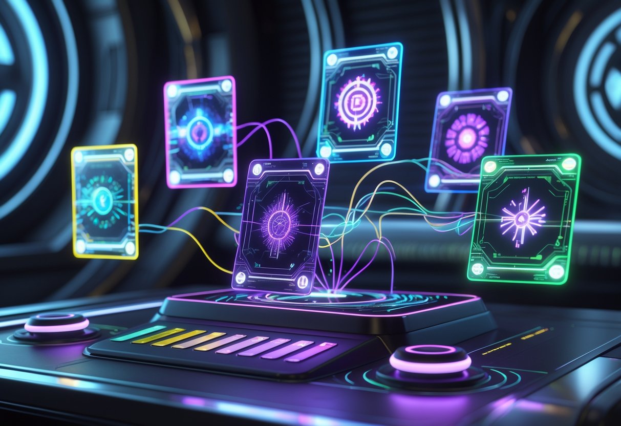 A futuristic digital interface showing glowing holographic power-up cards floating above a control panel with sliders and dials in a dark high-tech environment.