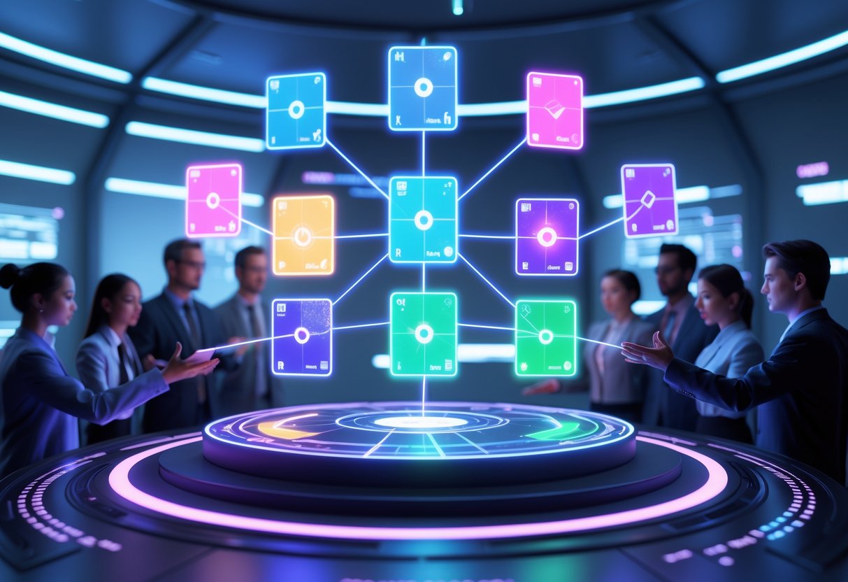 A 3D scene showing a holographic display of glowing cards connected by lines, with digital avatars interacting around it, representing team communication and collaboration.