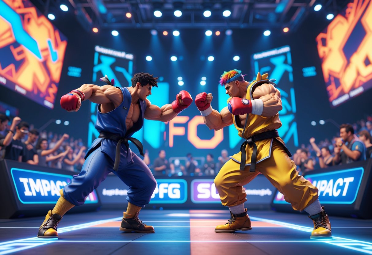 Two characters from different fighting games in a lively esports arena, engaged in a fierce battle with a crowd watching in the background.
