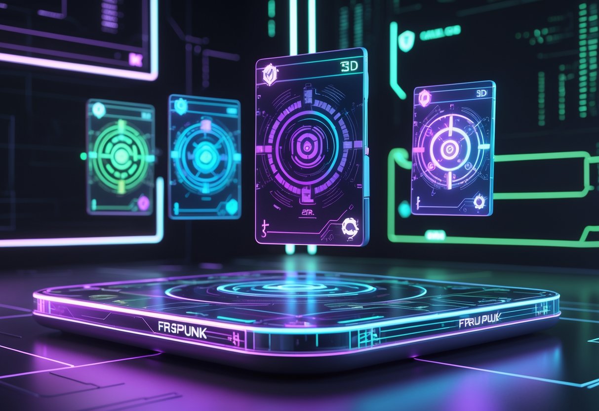 A futuristic digital platform with glowing holographic cards floating above it, set in a dark high-tech environment with neon lights and circuit patterns.
