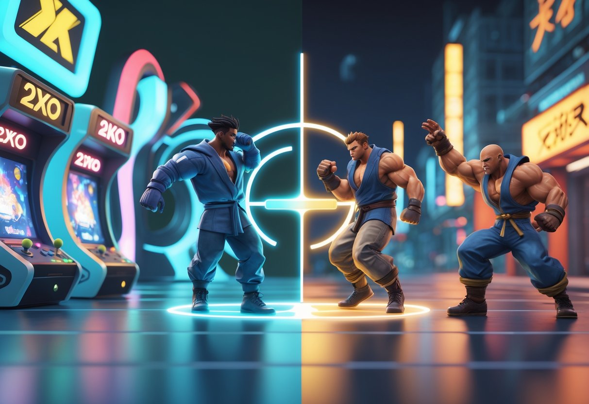A 3D scene showing two fighting game environments side by side, one simple and futuristic, the other detailed and intense, with characters demonstrating different levels of complexity.