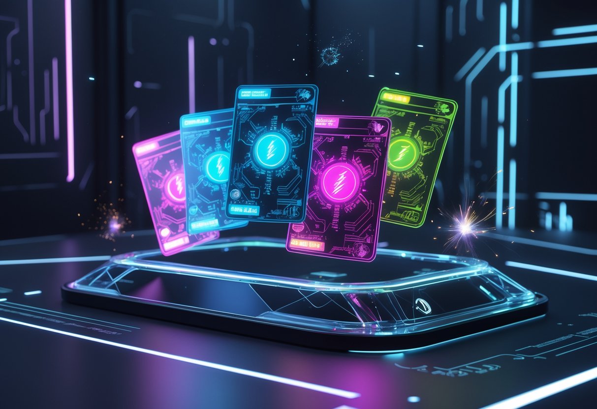 A 3D scene showing glowing futuristic power-up cards floating in a dark high-tech environment with neon lights and digital effects.