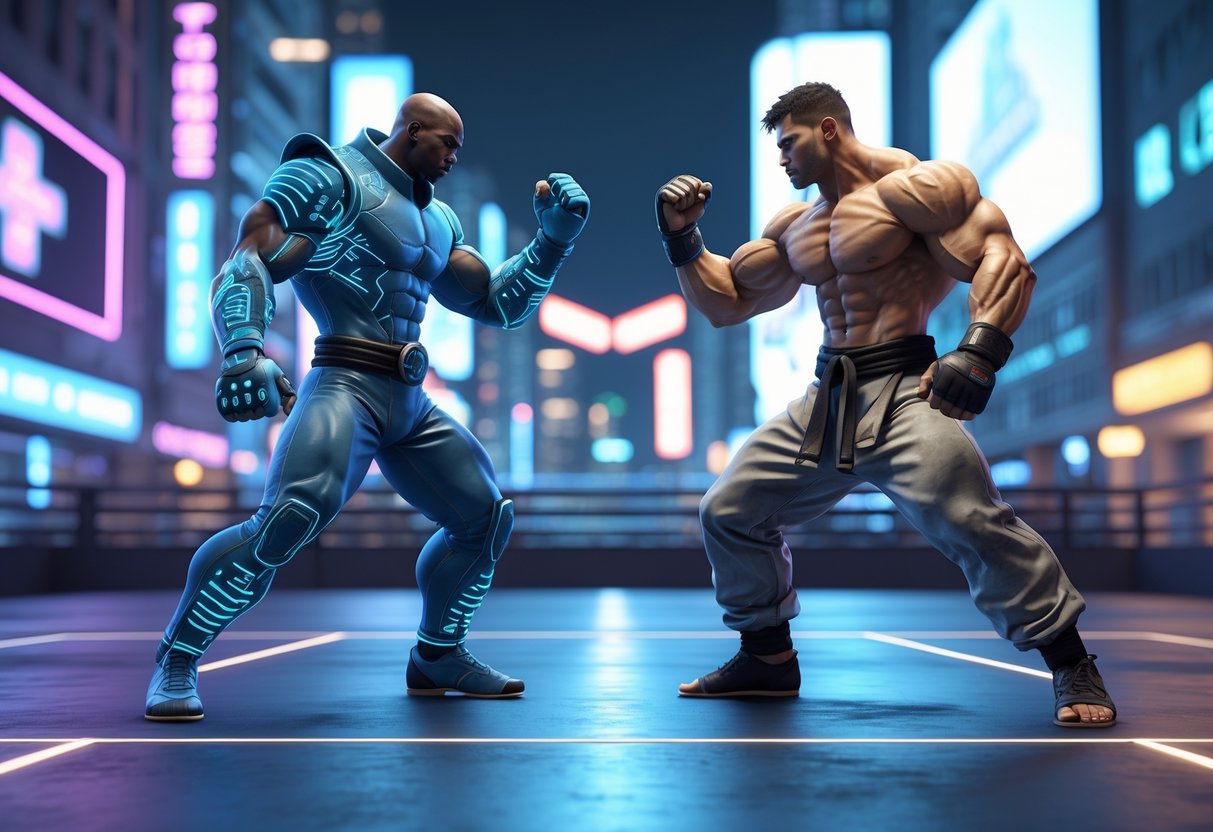 Two fighters facing each other in a brightly lit city arena at night, ready to battle.