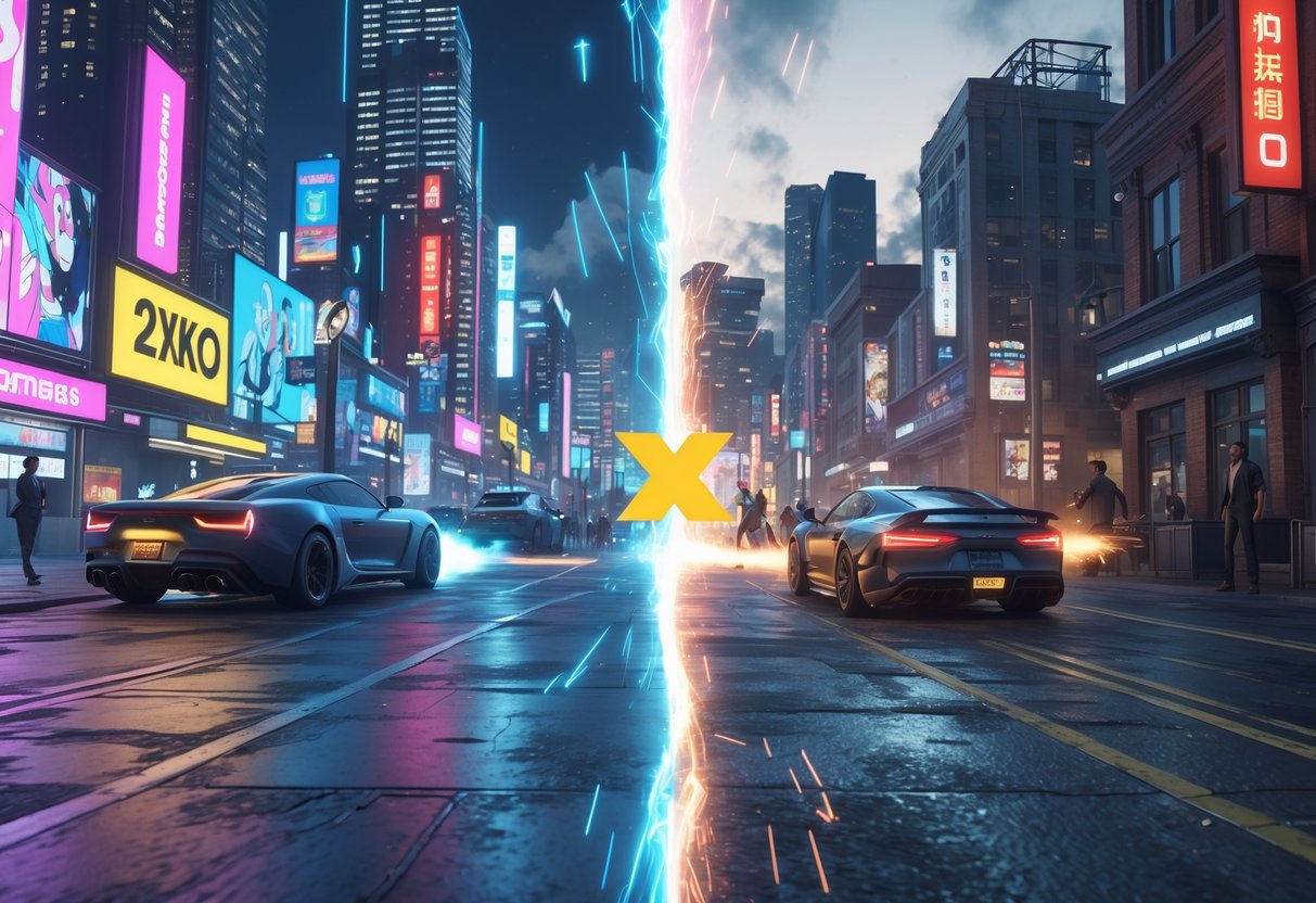 A 3D scene showing two video game fighters battling in a futuristic city on one side and a modern urban street on the other, with bright lights and action effects.