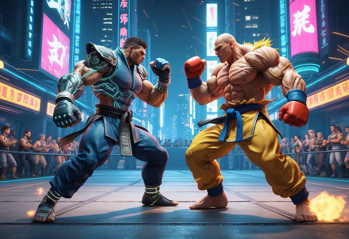 Two fighters face each other in a futuristic urban arena, preparing for a battle while a crowd watches around them.