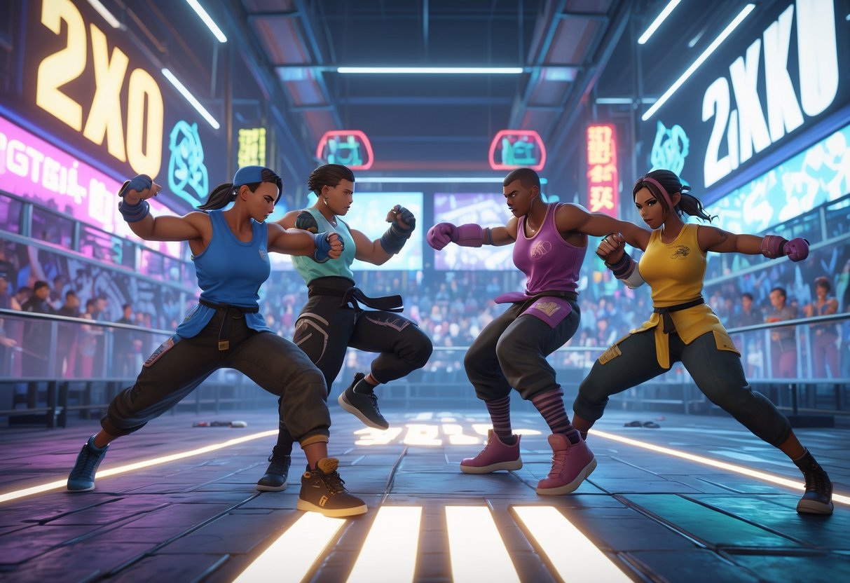Four fighters in a futuristic urban arena engaged in a fast-paced 2v2 team fight with neon lights and a crowd watching behind barriers.