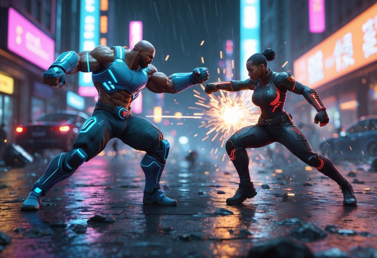 Two fighters battling on a rain-soaked neon-lit urban street at night with glowing lights and debris around them.