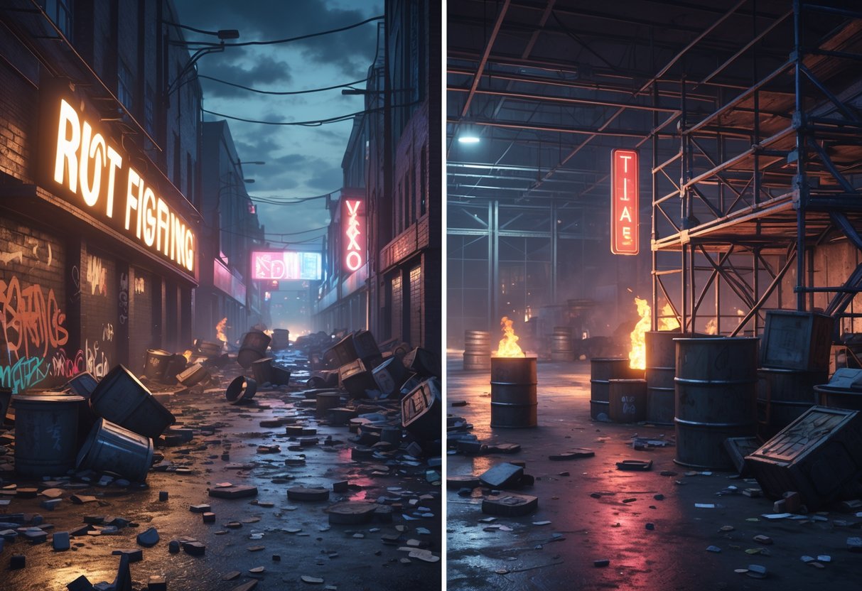Two detailed fighting game arenas, one a dark city street with neon lights and debris, the other an industrial warehouse with metal scaffolding and crates.