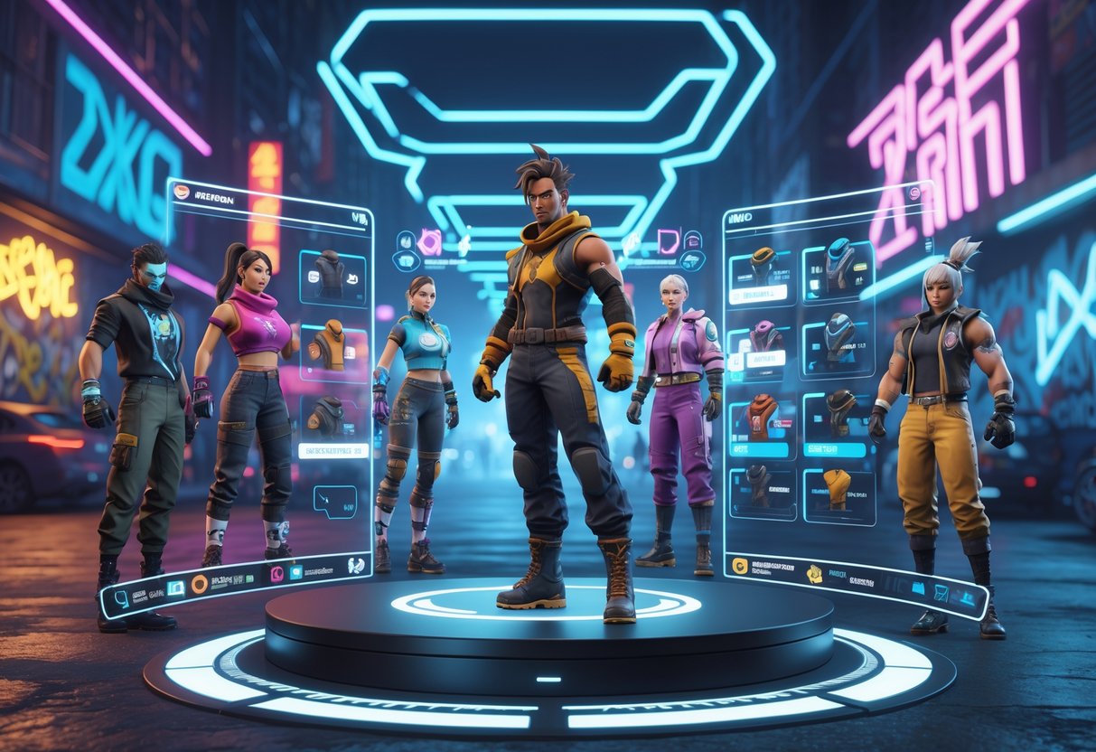 A video game character customisation screen showing a fighter in detailed outfit options with a futuristic city background and holographic menus around the character.