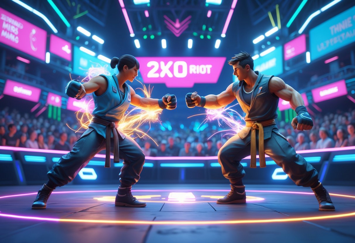 Two fighters in a futuristic arena battling in front of a lively crowd with colourful lights and digital displays.